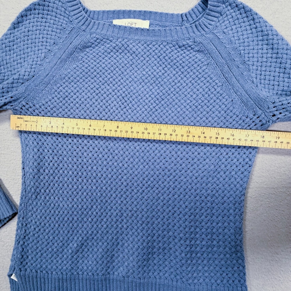 LOFT Sweater Womens Small Excellent Blue Basketweave Knit Cotton Camel Hair Mix - Picture 3 of 7
